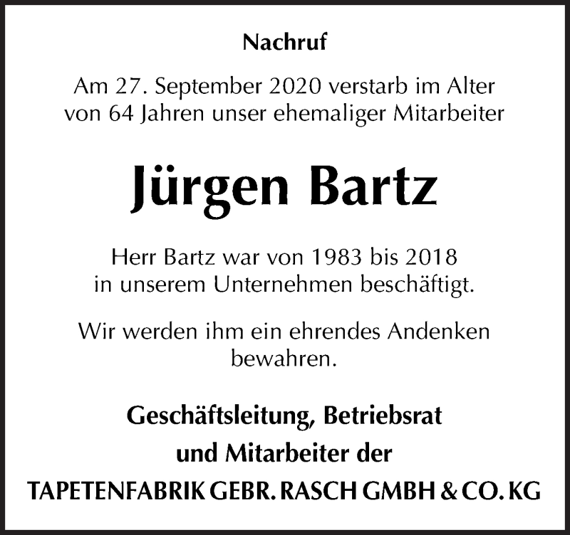  Traueranzeige für Jürgen Bartz vom 30.09.2020 aus Neue Osnabrücker Zeitung GmbH & Co. KG