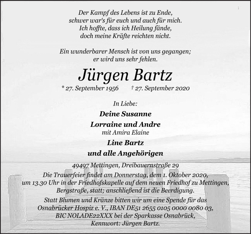  Traueranzeige für Jürgen Bartz vom 30.09.2020 aus Neue Osnabrücker Zeitung GmbH & Co. KG