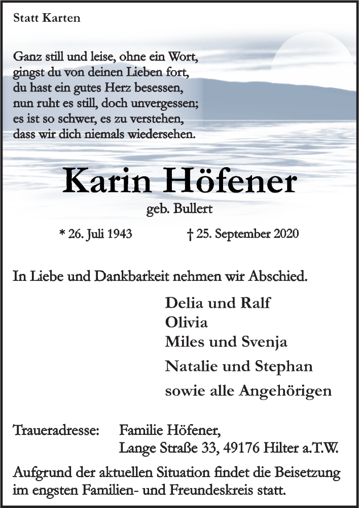  Traueranzeige für Karin Höfener vom 30.09.2020 aus Neue Osnabrücker Zeitung GmbH & Co. KG