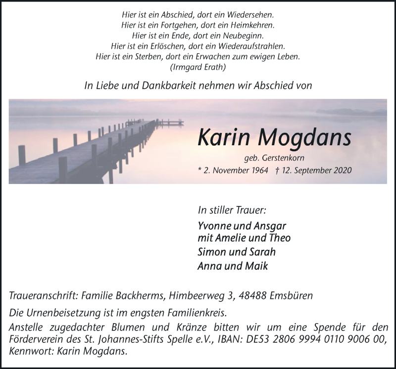  Traueranzeige für Karin Mogdans vom 15.09.2020 aus Neue Osnabrücker Zeitung GmbH & Co. KG