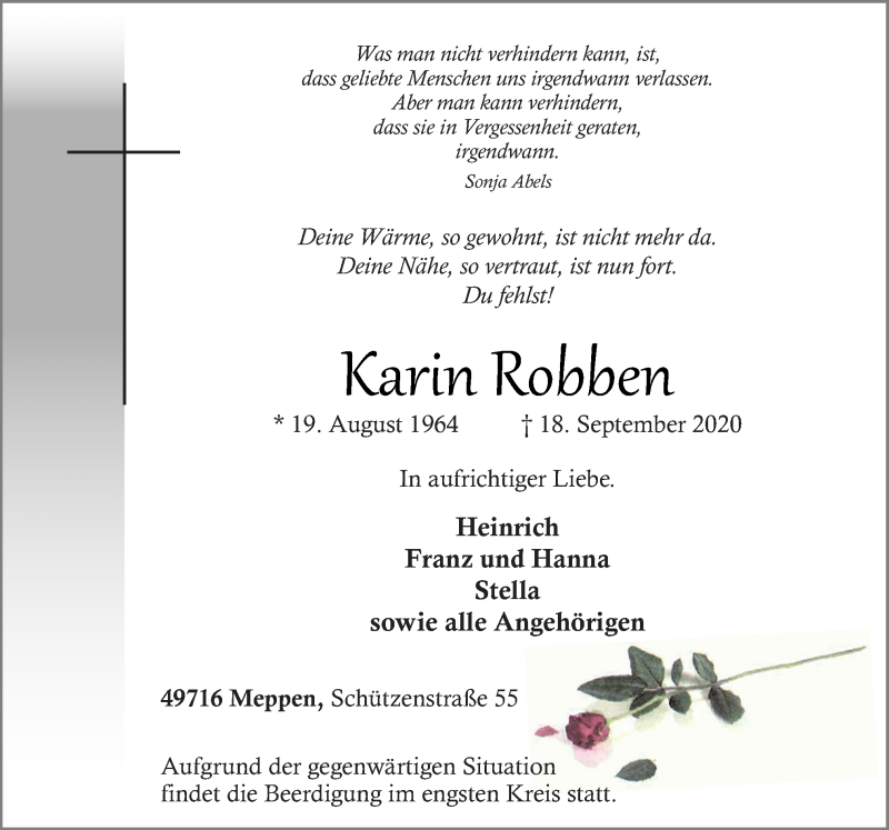  Traueranzeige für Karin Robben vom 21.09.2020 aus Neue Osnabrücker Zeitung GmbH & Co. KG