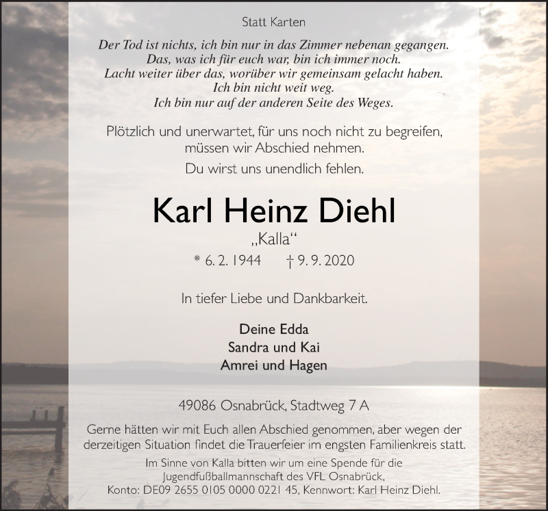  Traueranzeige für Karl Heinz Diehl vom 12.09.2020 aus Neue Osnabrücker Zeitung GmbH & Co. KG