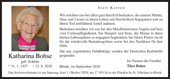 Traueranzeige von Katharina Bohse von Neue Osnabrücker Zeitung GmbH & Co. KG