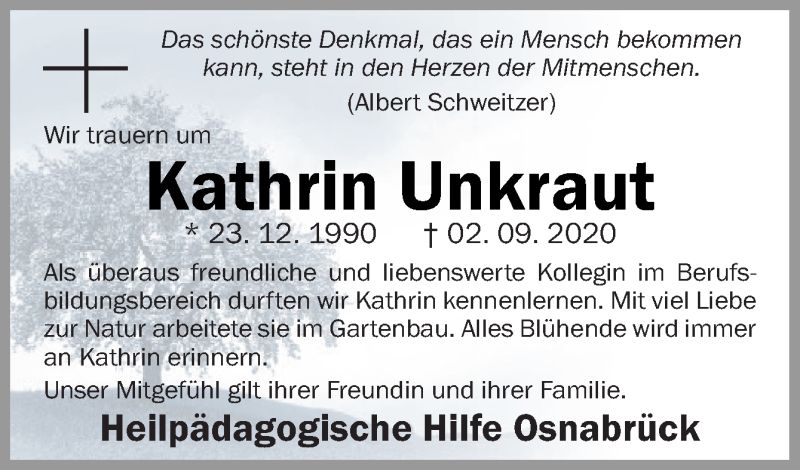 Traueranzeige für Kathrin Unkraut vom 16.09.2020 aus Neue Osnabrücker Zeitung GmbH & Co. KG