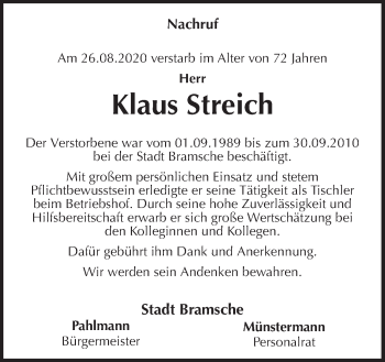 Traueranzeige von Klaus Streich von Neue Osnabrücker Zeitung GmbH & Co. KG