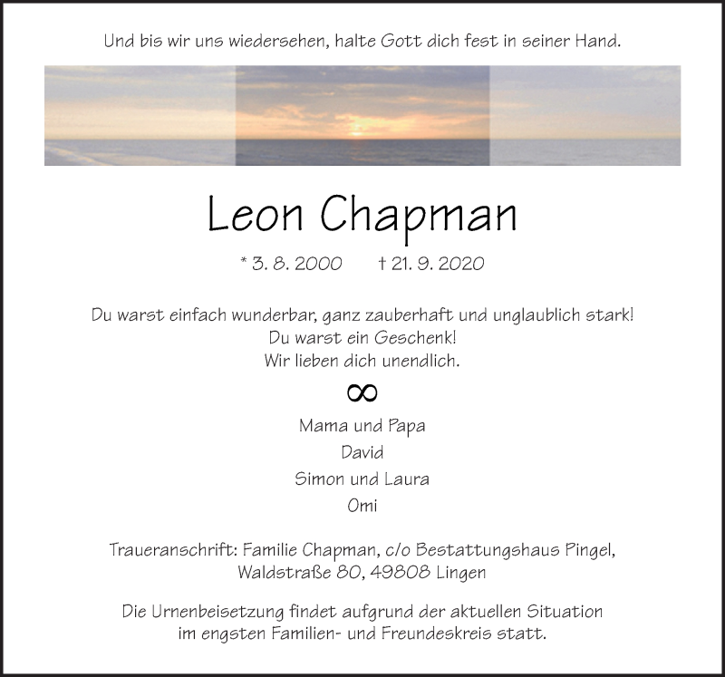  Traueranzeige für Leon Chapman vom 26.09.2020 aus Neue Osnabrücker Zeitung GmbH & Co. KG