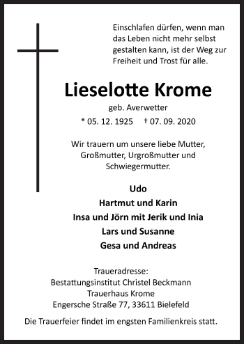 Traueranzeige von Lieselotte Krome von Neue Osnabrücker Zeitung GmbH & Co. KG