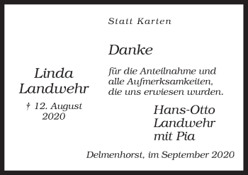 Traueranzeige von Linda Landwehr von Neue Osnabrücker Zeitung GmbH & Co. KG