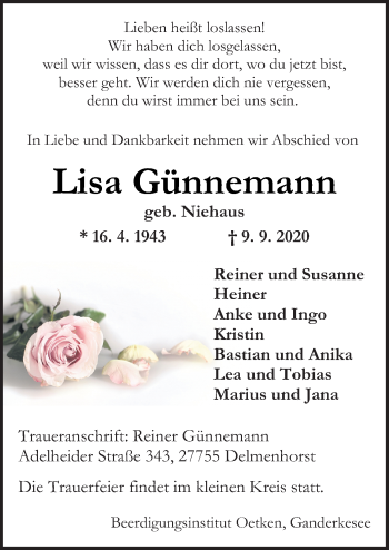 Traueranzeige von Lisa Günnemann von Neue Osnabrücker Zeitung GmbH & Co. KG