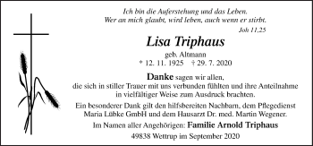 Traueranzeige von Lisa Triphaus von Neue Osnabrücker Zeitung GmbH & Co. KG