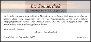 Traueranzeige von Liz Sunderdiek von Neue Osnabrücker Zeitung GmbH & Co. KG