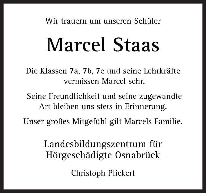  Traueranzeige für Marcel Staas vom 26.09.2020 aus Neue Osnabrücker Zeitung GmbH & Co. KG