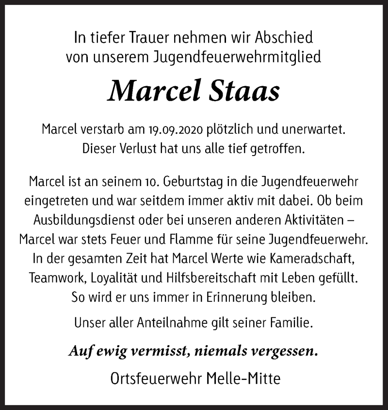  Traueranzeige für Marcel Staas vom 28.09.2020 aus Neue Osnabrücker Zeitung GmbH & Co. KG