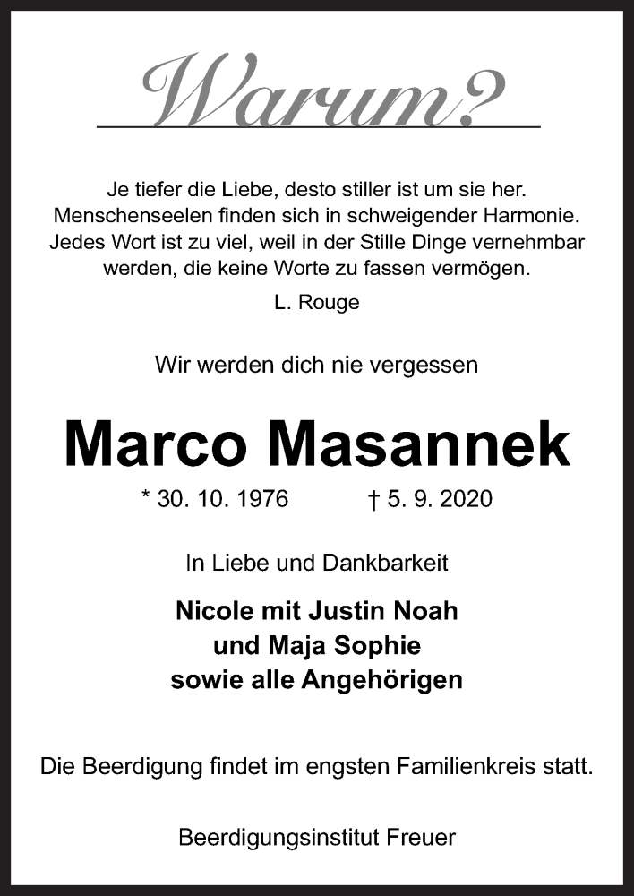  Traueranzeige für Marco Masannek vom 08.09.2020 aus Neue Osnabrücker Zeitung GmbH & Co. KG
