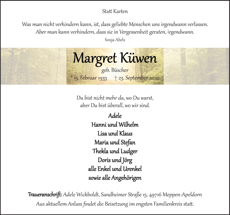  Traueranzeige für Margret Küwen vom 25.09.2020 aus Neue Osnabrücker Zeitung GmbH & Co. KG