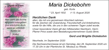 Traueranzeige von Maria Dickebohm von Neue Osnabrücker Zeitung GmbH & Co. KG