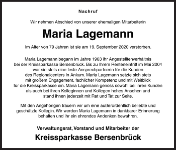 Traueranzeige von Maria Lagemann von Neue Osnabrücker Zeitung GmbH & Co. KG