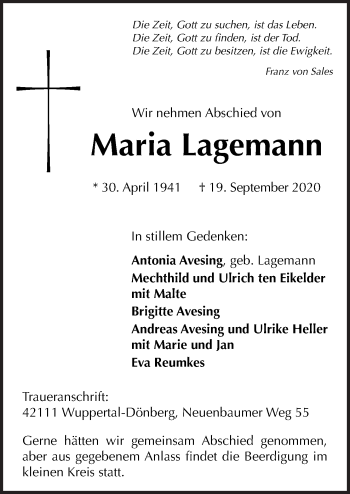 Traueranzeige von Maria Lagemann von Neue Osnabrücker Zeitung GmbH & Co. KG