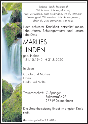 Traueranzeige von Marlies Linden von Neue Osnabrücker Zeitung GmbH & Co. KG