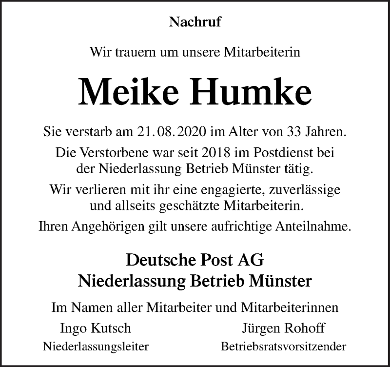  Traueranzeige für Meike Humke vom 07.09.2020 aus Neue Osnabrücker Zeitung GmbH & Co. KG
