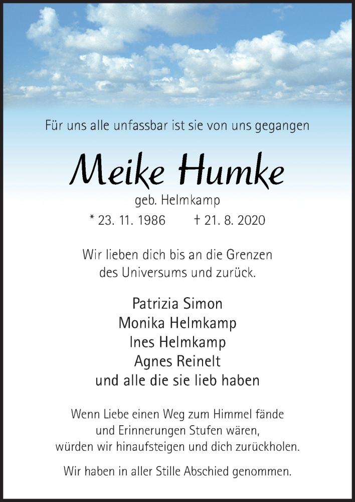  Traueranzeige für Meike Humke vom 12.09.2020 aus Neue Osnabrücker Zeitung GmbH & Co. KG