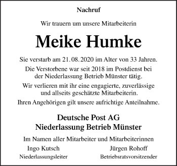 Traueranzeige von Meike Humke von Neue Osnabrücker Zeitung GmbH & Co. KG