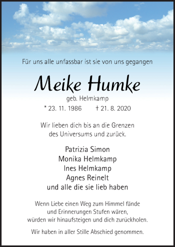 Traueranzeige von Meike Humke von Neue Osnabrücker Zeitung GmbH & Co. KG