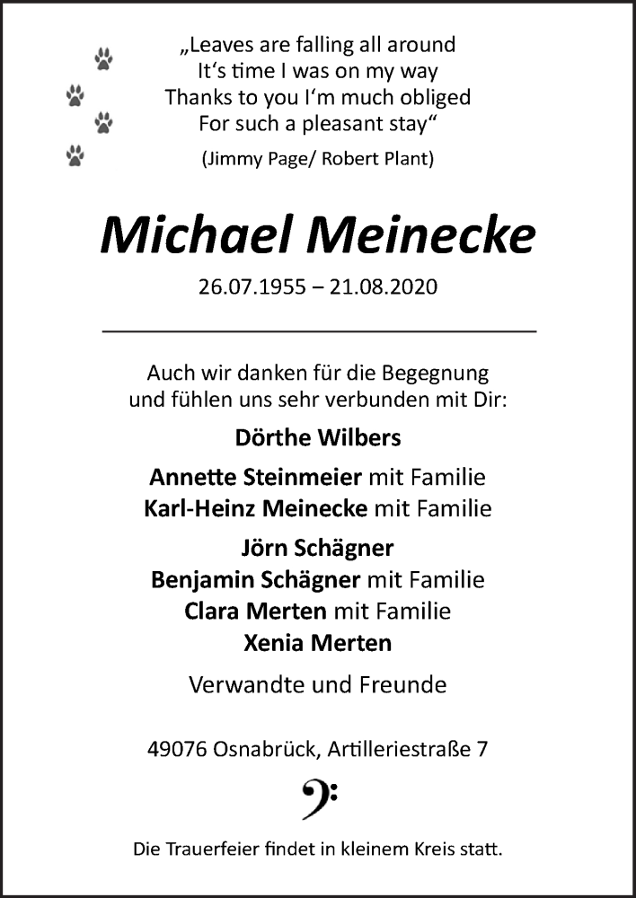  Traueranzeige für Michael Meinecke vom 05.09.2020 aus Neue Osnabrücker Zeitung GmbH & Co. KG