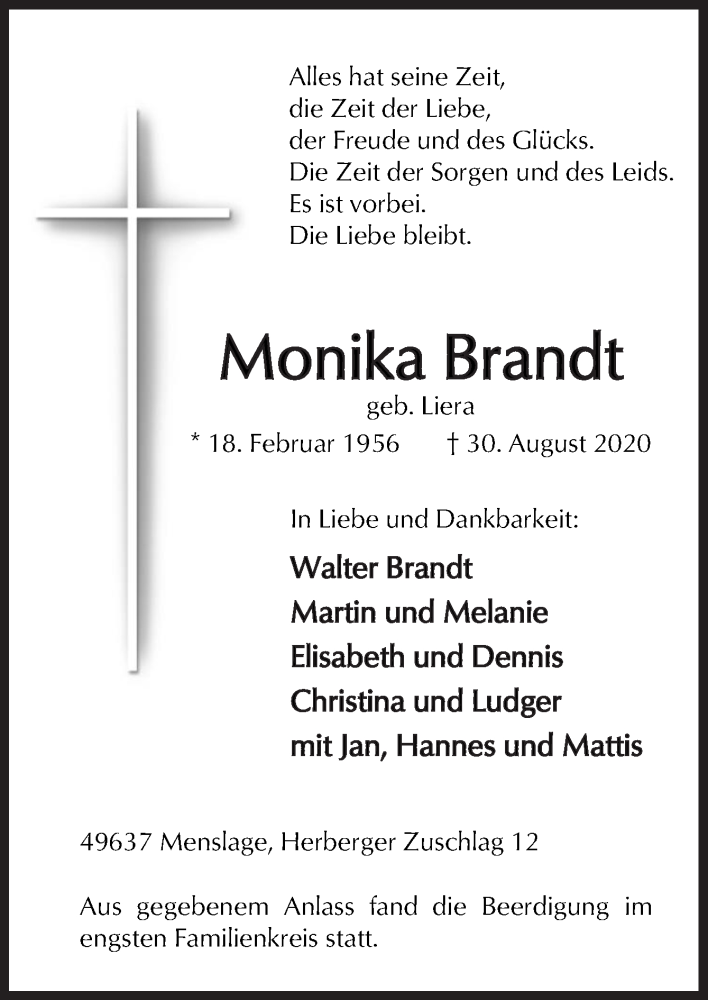  Traueranzeige für Monika Brandt vom 04.09.2020 aus Neue Osnabrücker Zeitung GmbH & Co. KG