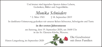 Traueranzeige von Monika Schnieders von Neue Osnabrücker Zeitung GmbH & Co. KG
