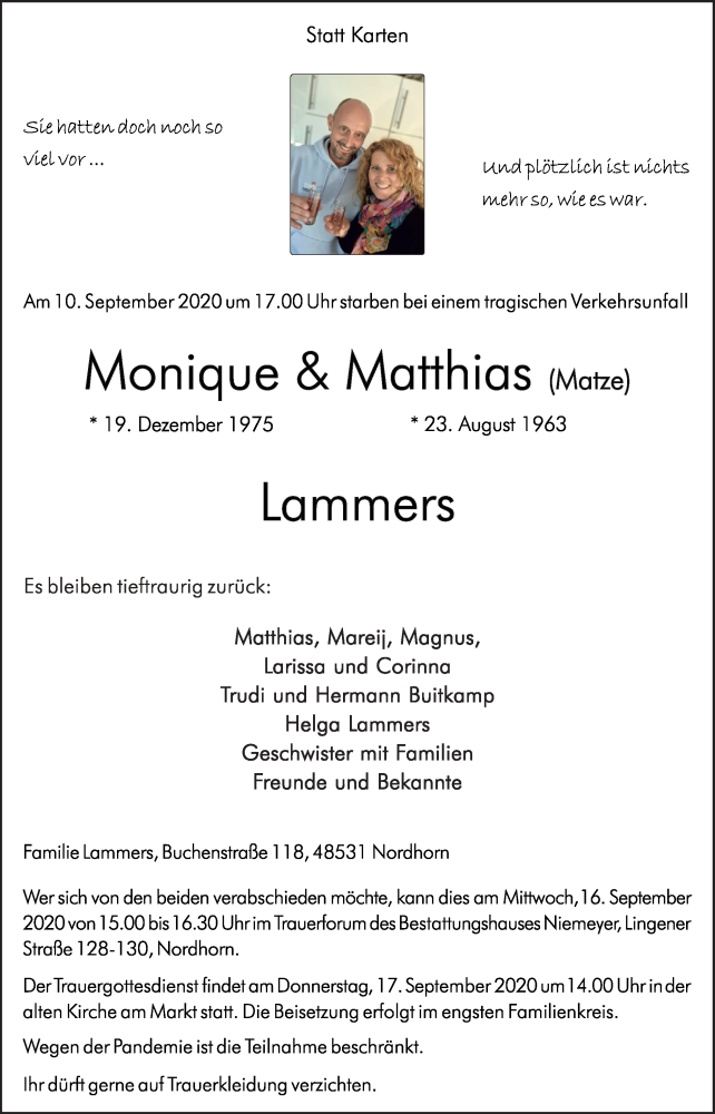  Traueranzeige für Monique und Matthias Lammers vom 16.09.2020 aus Neue Osnabrücker Zeitung GmbH & Co. KG