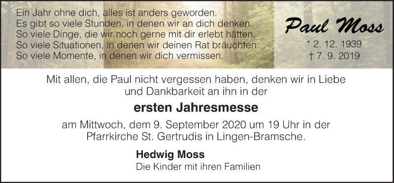  Traueranzeige für Paul Moss vom 05.09.2020 aus Neue Osnabrücker Zeitung GmbH & Co. KG