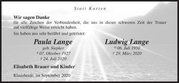 Traueranzeige von Paula Lange von Neue Osnabrücker Zeitung GmbH & Co. KG