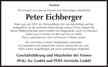 Traueranzeige von Peter Eichberger von Neue Osnabrücker Zeitung GmbH & Co. KG