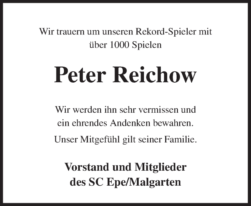  Traueranzeige für Peter Reichow vom 29.09.2020 aus Neue Osnabrücker Zeitung GmbH & Co. KG