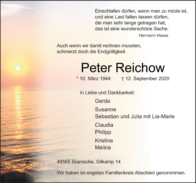  Traueranzeige für Peter Reichow vom 26.09.2020 aus Neue Osnabrücker Zeitung GmbH & Co. KG