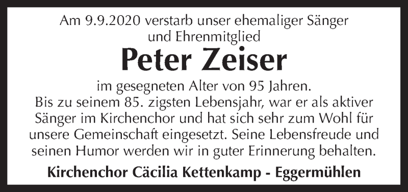  Traueranzeige für Peter Zeiser vom 14.09.2020 aus Neue Osnabrücker Zeitung GmbH & Co. KG