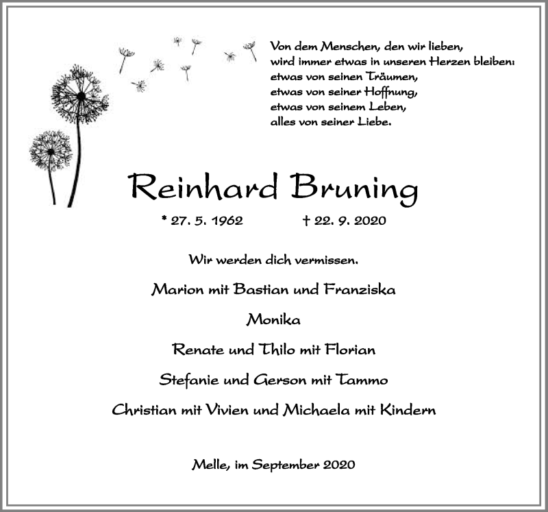  Traueranzeige für Reinhard Bruning vom 26.09.2020 aus Neue Osnabrücker Zeitung GmbH & Co. KG