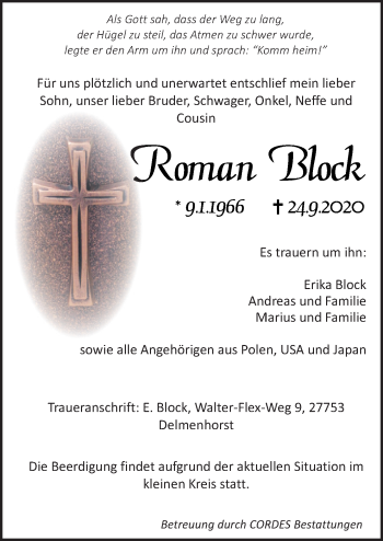 Traueranzeige von Roman Block von Neue Osnabrücker Zeitung GmbH & Co. KG