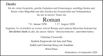 Traueranzeige von Roman Ciszewski von Neue Osnabrücker Zeitung GmbH & Co. KG