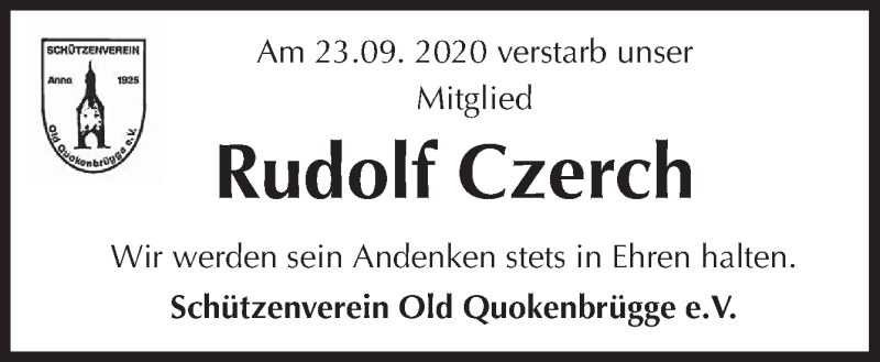  Traueranzeige für Rudolf Czerch vom 30.09.2020 aus Neue Osnabrücker Zeitung GmbH & Co. KG