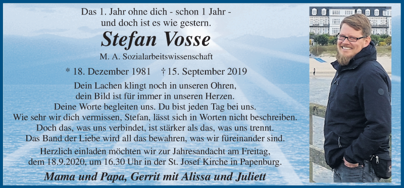  Traueranzeige für Stefan Vosse vom 15.09.2020 aus Neue Osnabrücker Zeitung GmbH & Co. KG