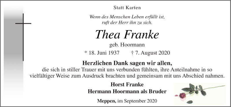  Traueranzeige für Thea Franke vom 26.09.2020 aus Neue Osnabrücker Zeitung GmbH & Co. KG