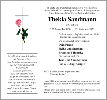 Traueranzeige von Thekla Sandmann von Neue Osnabrücker Zeitung GmbH & Co. KG