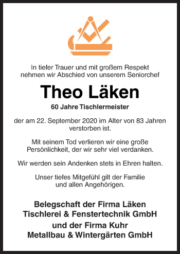 Traueranzeige von Theo Läken von Neue Osnabrücker Zeitung GmbH & Co. KG