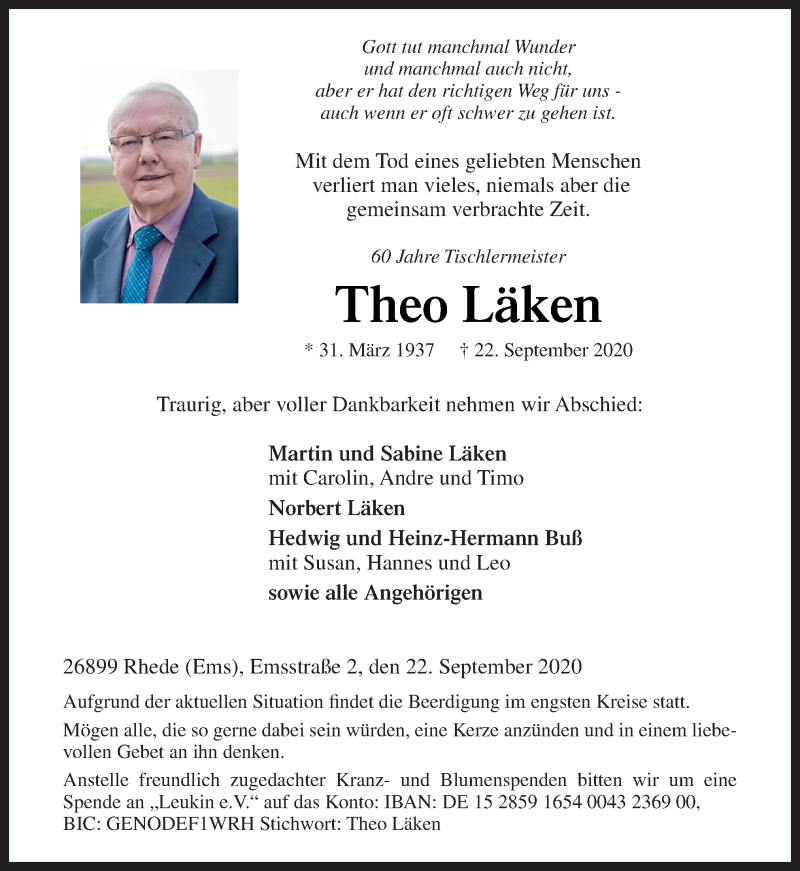  Traueranzeige für Theo Läken vom 24.09.2020 aus Neue Osnabrücker Zeitung GmbH & Co. KG