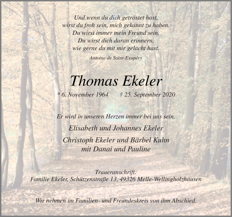  Traueranzeige für Thomas Ekeler vom 29.09.2020 aus Neue Osnabrücker Zeitung GmbH & Co. KG