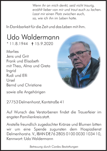 Traueranzeige von Udo Waldermann von Neue Osnabrücker Zeitung GmbH & Co. KG