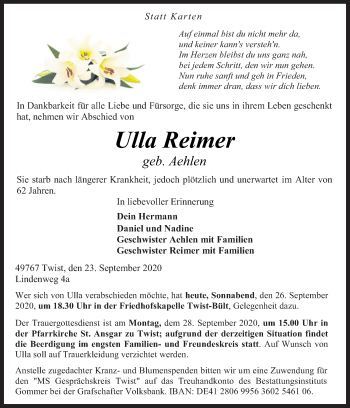 Traueranzeige von Ulla Reimer von Neue Osnabrücker Zeitung GmbH & Co. KG