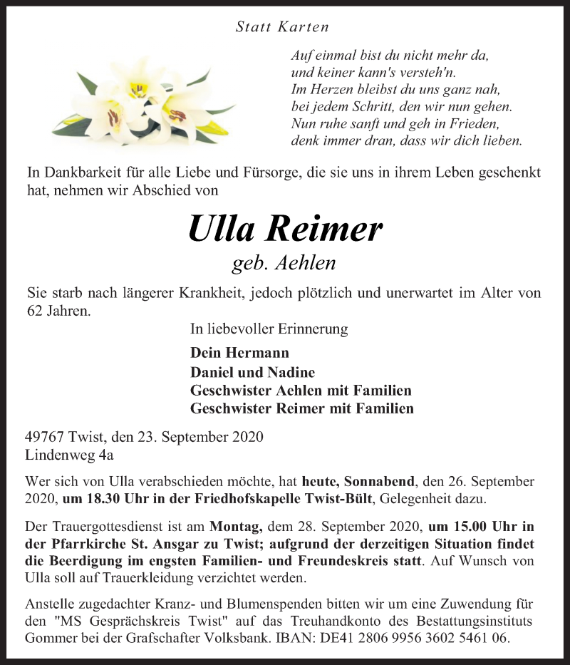  Traueranzeige für Ulla Reimer vom 26.09.2020 aus Neue Osnabrücker Zeitung GmbH & Co. KG